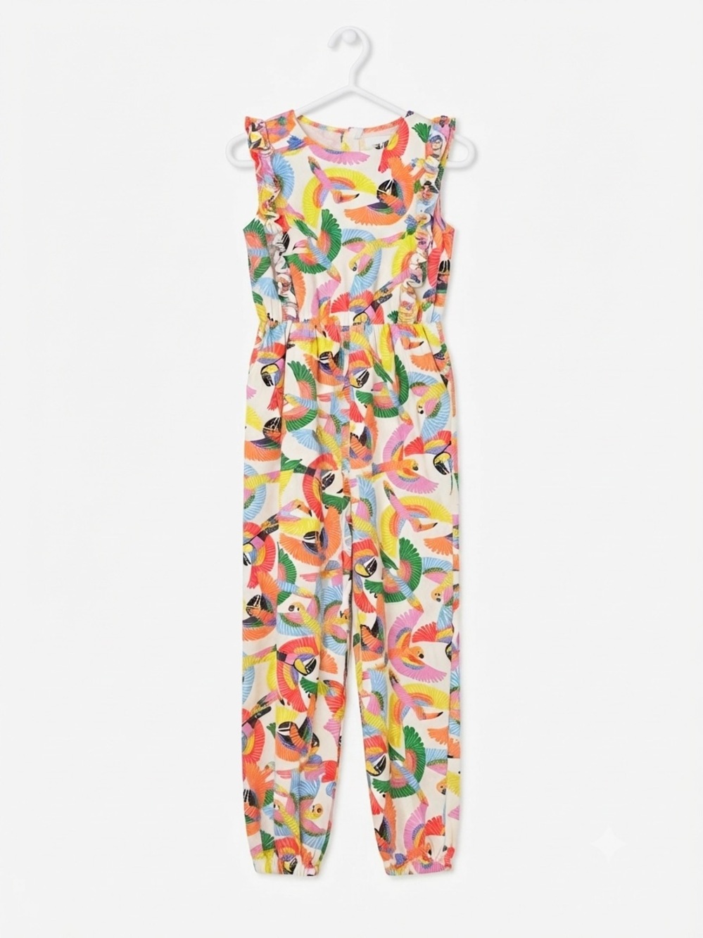FARM RIO Kids Fábula Colorful Tropical Bird Toucan Ruffled Pantsuit Size 12 Girl